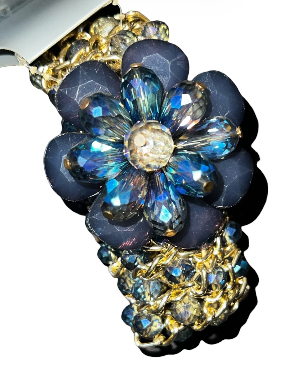 NWT Desireè Flower AB Crystal Rhinestone Glass Bead Gold Tone Stretch Bracelet